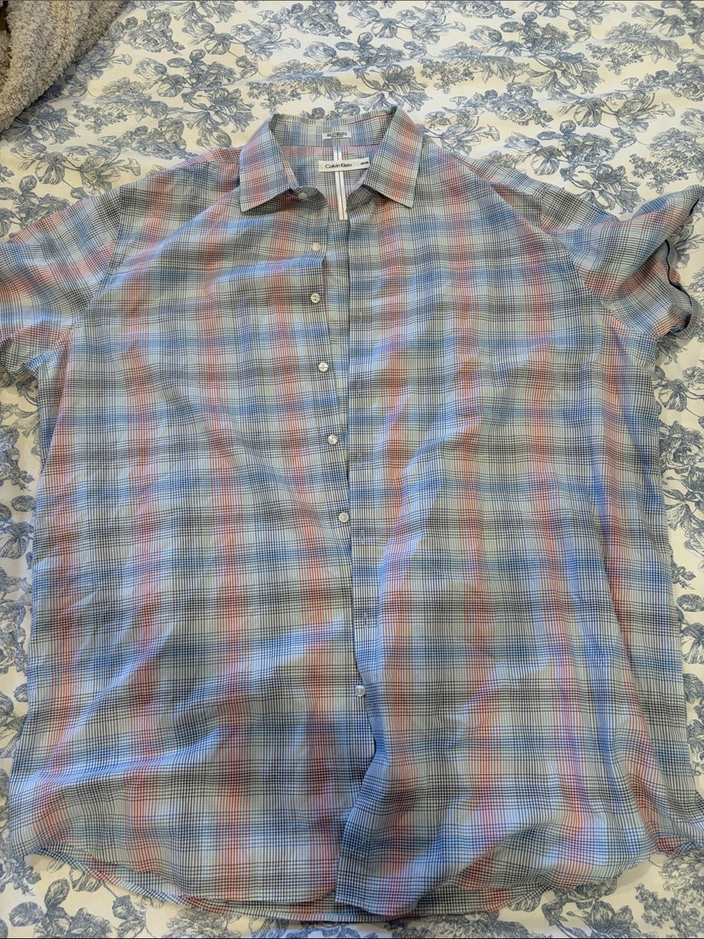 Calvin Klein Short-Sleeve Plaid Button-Down in Blue, Gray & Red
